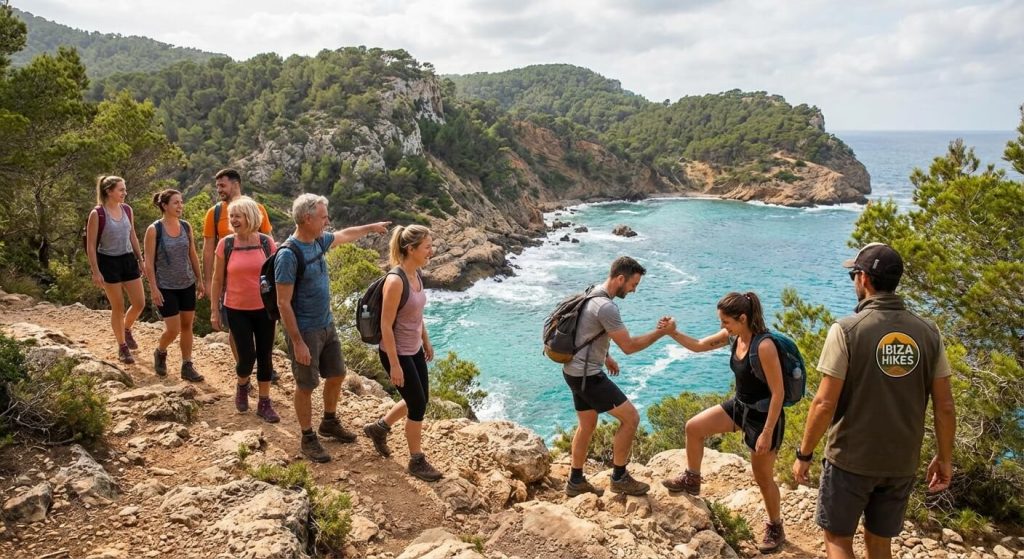 happy people hiking hiking in ibiza
