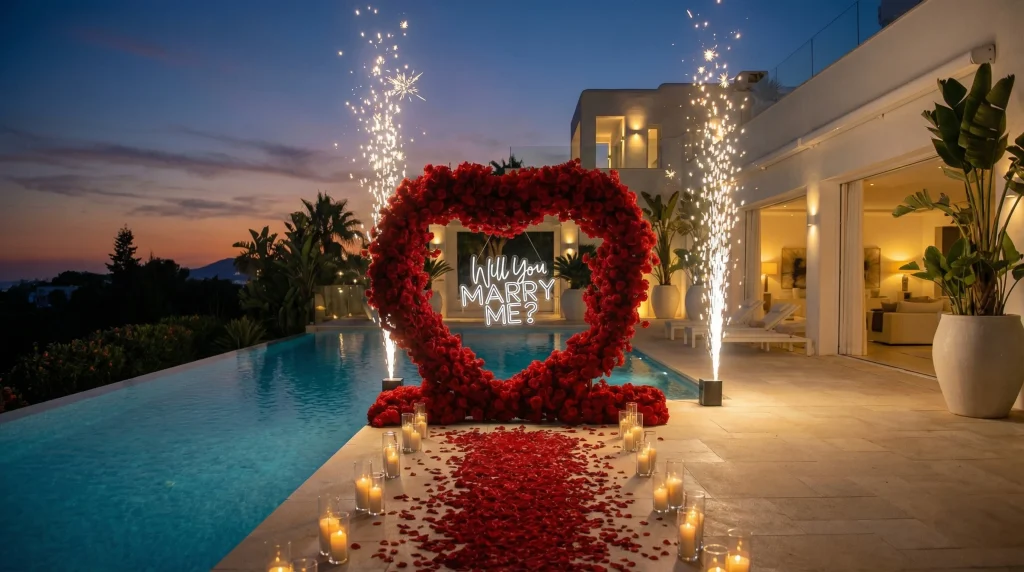 red romance proposal - flower heart arch