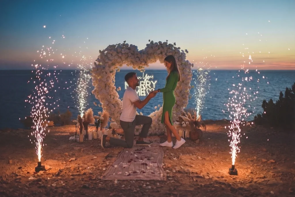 Marriage proposal with cold fireworks in Ibiza organised by Ibiza Secret Picnic